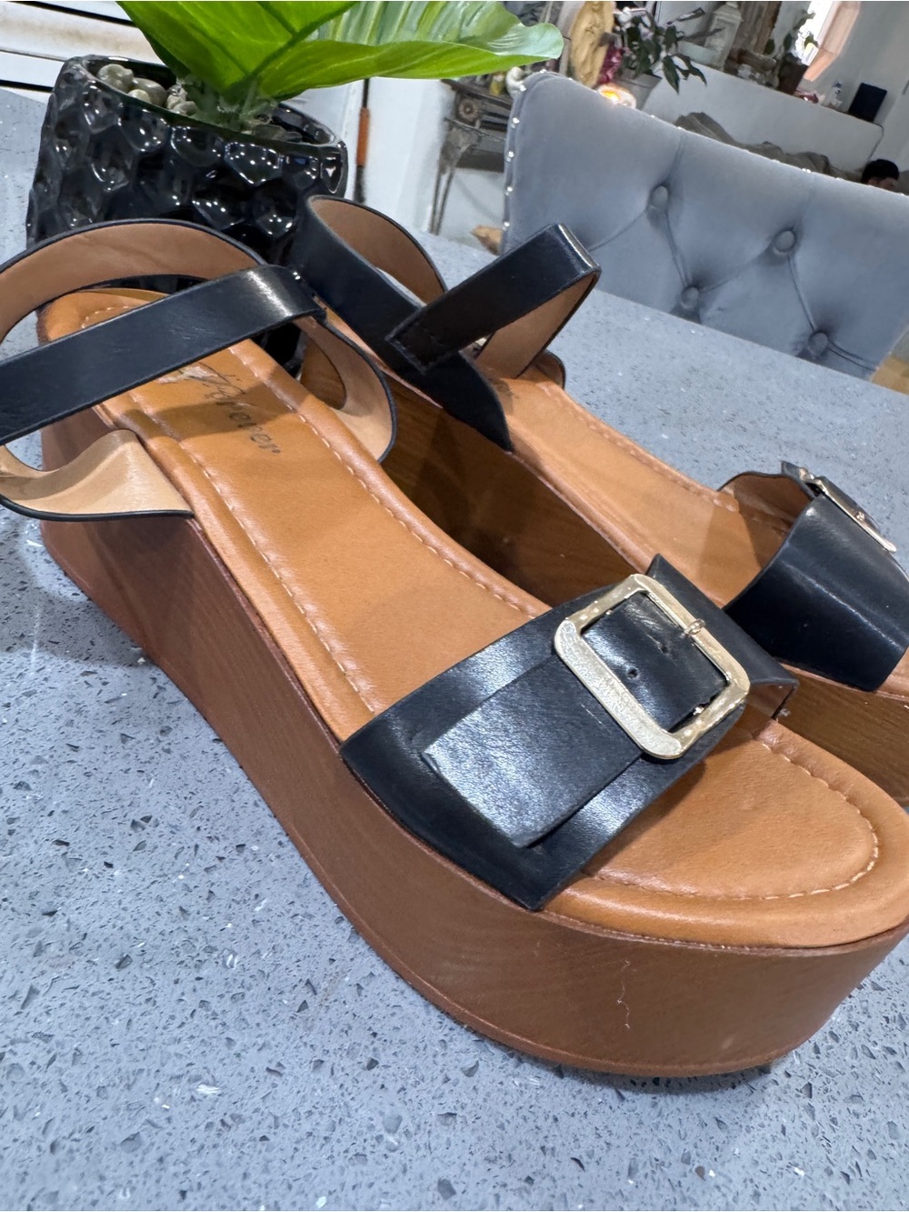 Black Leather Buckle Platform Sandals